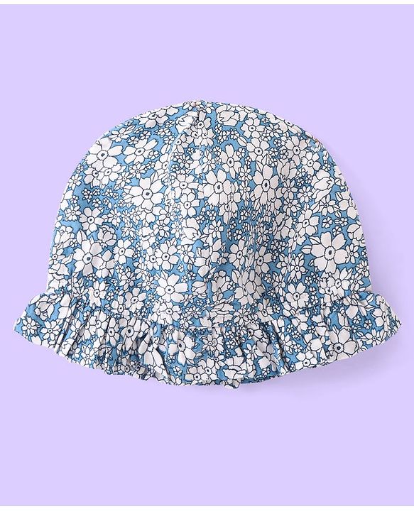 Babyhug Viscose Woven Sleeveless Frock With Bloomer & Cap With Floral Print & Lace Detailing -Blue