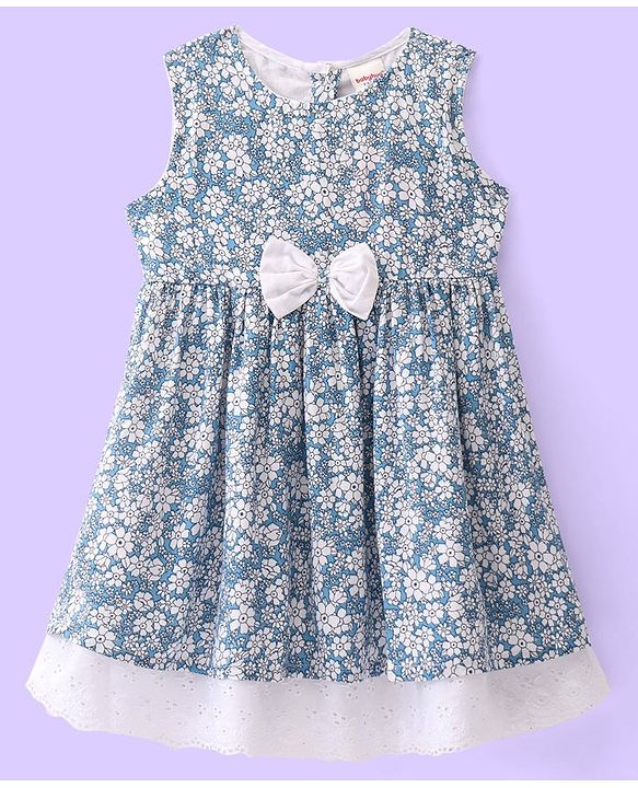 Babyhug Viscose Woven Sleeveless Frock With Bloomer & Cap With Floral Print & Lace Detailing -Blue