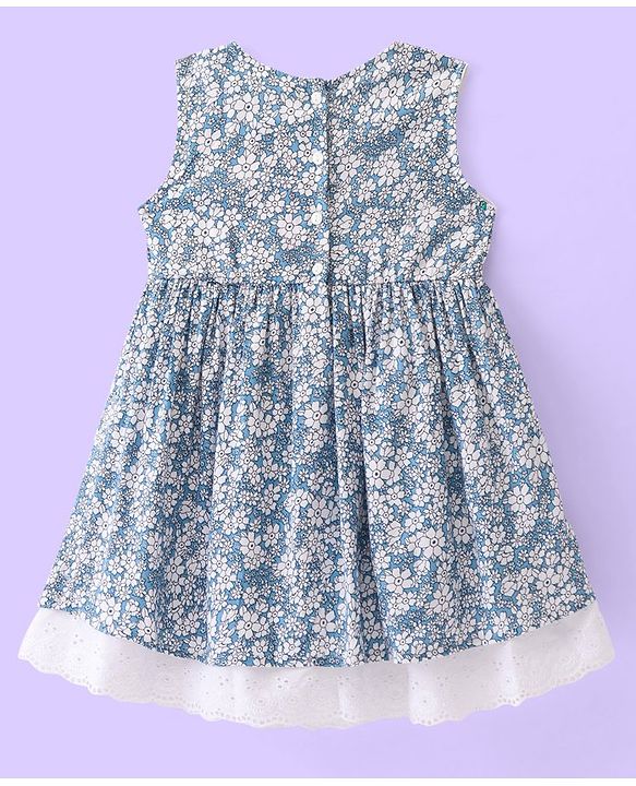 Babyhug Viscose Woven Sleeveless Frock With Bloomer & Cap With Floral Print & Lace Detailing -Blue