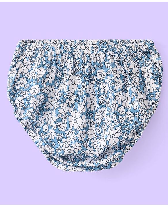 Babyhug Viscose Woven Sleeveless Frock With Bloomer & Cap With Floral Print & Lace Detailing -Blue