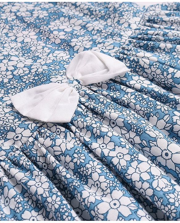 Babyhug Viscose Woven Sleeveless Frock With Bloomer & Cap With Floral Print & Lace Detailing -Blue