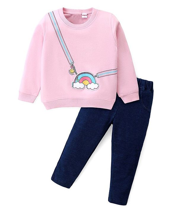Babyhug Cotton Knit Full Sleeves Top & Lounge Pants Set With Rainbow Print - Pink & Blue