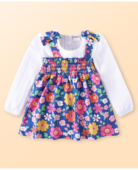 Babyhug Single Jersey Knit Full Peasant Sleeves T-Shirt & Floral Printed Top with Jeans -  White Navy Blue