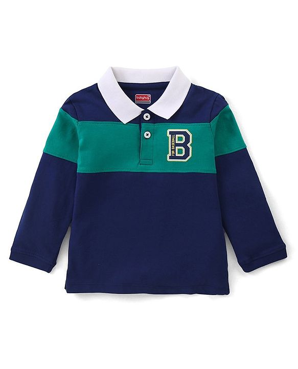 Babyhug Cotton Knit  Full Sleeves Striped Polo T-Shirt with Alphabet Graphics - Navy Blue