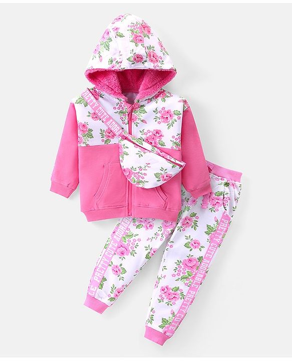 Babyhug Cotton Knit Full Sleeves Hooded Front Zipper Floral Printed Top & Lounge Pants Set With Sling Bag - White & Pink