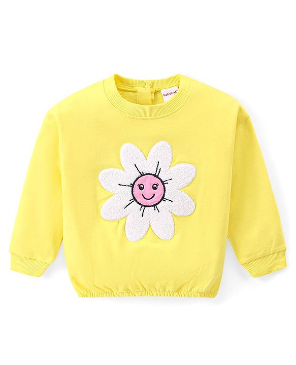 Babyhug Cotton Knit Premium Light Gauge Terry Full Sleeves T-Shirt & Denim Pants Set With Floral Applique & Embroidery - Yellow & Blue