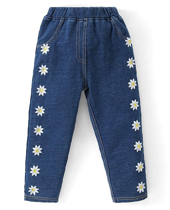 Babyhug Cotton Knit Premium Light Gauge Terry Full Sleeves T-Shirt & Denim Pants Set With Floral Applique & Embroidery - Yellow & Blue