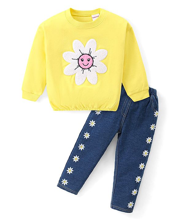 Babyhug Cotton Knit Premium Light Gauge Terry Full Sleeves T-Shirt & Denim Pants Set With Floral Applique & Embroidery - Yellow & Blue