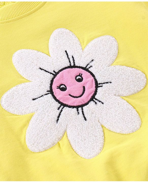 Babyhug Cotton Knit Premium Light Gauge Terry Full Sleeves T-Shirt & Denim Pants Set With Floral Applique & Embroidery - Yellow & Blue