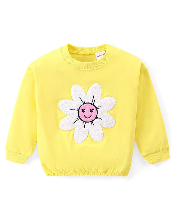 Babyhug Cotton Knit Premium Light Gauge Terry Full Sleeves T-Shirt & Denim Pants Set With Floral Applique & Embroidery - Yellow & Blue