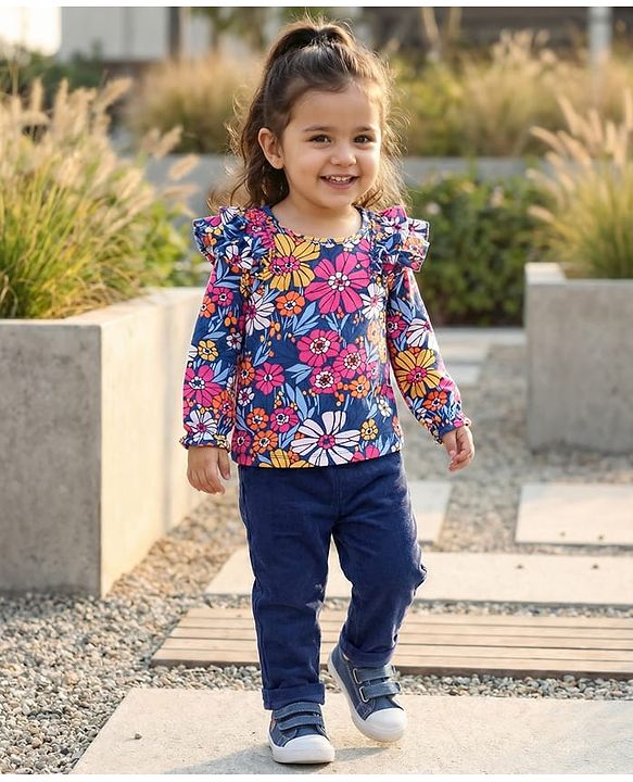 Babyhug Single Jersey Knit Full Sleeves Top & Leggings Set with Floral Print & Frill Detailing - Navy Blue