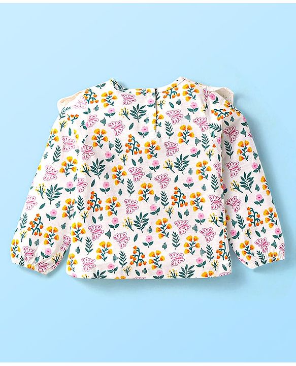 Babyhug Single Jersey Knit Full Sleeves Floral Printed Top & Pants Set - Yellow & White