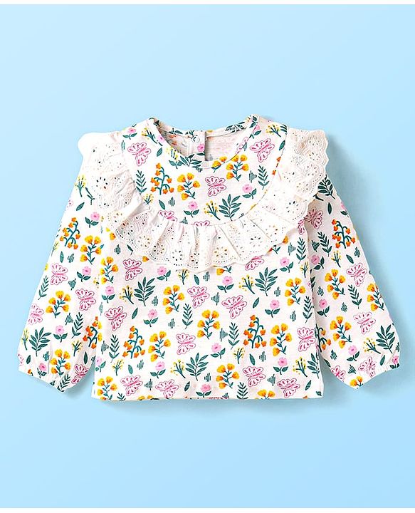 Babyhug Single Jersey Knit Full Sleeves Floral Printed Top & Pants Set - Yellow & White