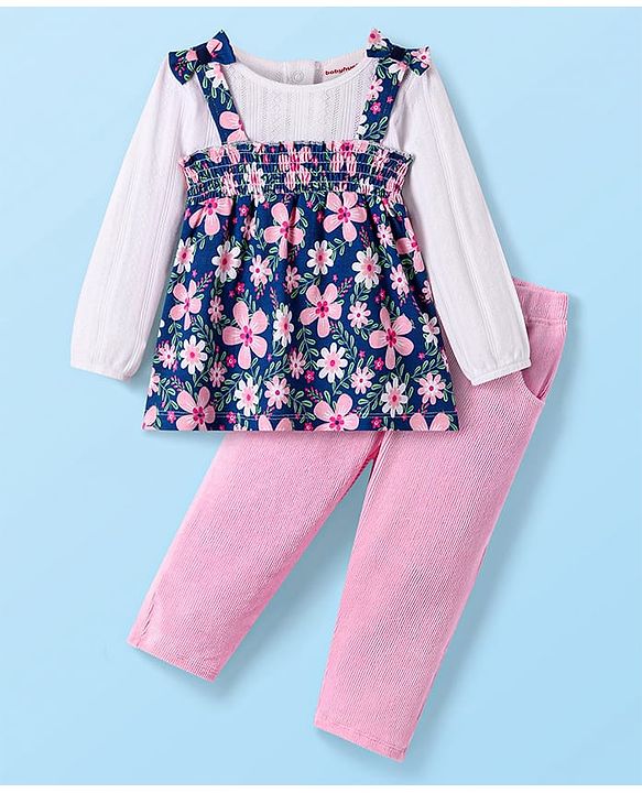 Babyhug Single Jersey Knit Full Sleeves Top & Lounge Pant Set With Floral Printed Frock & Bow Applique - Navy Blue White & Pink