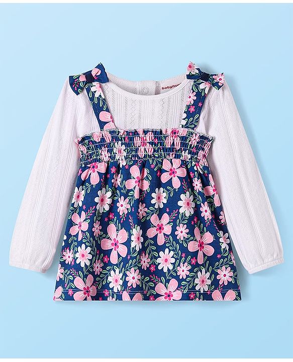 Babyhug Single Jersey Knit Full Sleeves Top & Lounge Pant Set With Floral Printed Frock & Bow Applique - Navy Blue White & Pink