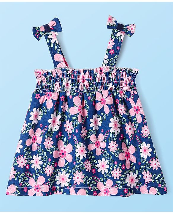 Babyhug Single Jersey Knit Full Sleeves Top & Lounge Pant Set With Floral Printed Frock & Bow Applique - Navy Blue White & Pink