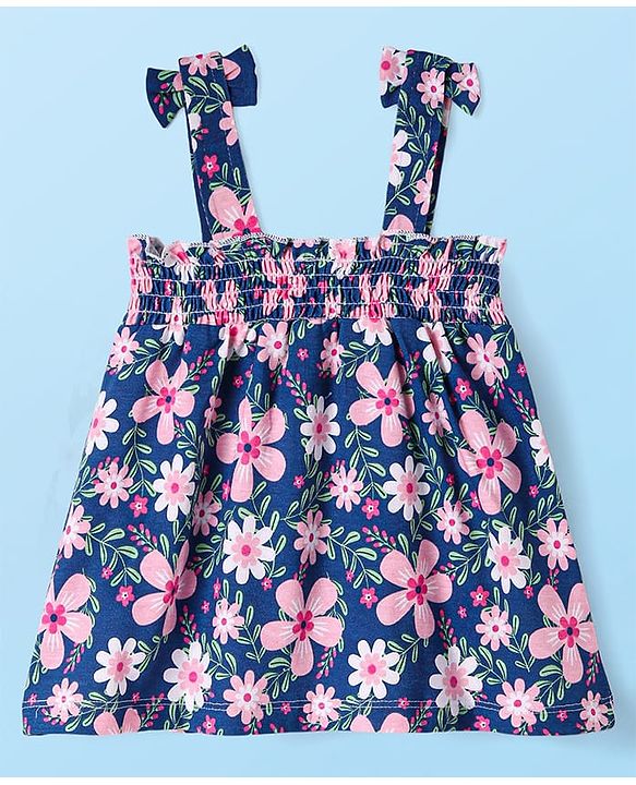 Babyhug Single Jersey Knit Full Sleeves Top & Lounge Pant Set With Floral Printed Frock & Bow Applique - Navy Blue White & Pink
