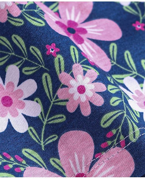 Babyhug Single Jersey Knit Full Sleeves Top & Lounge Pant Set With Floral Printed Frock & Bow Applique - Navy Blue White & Pink