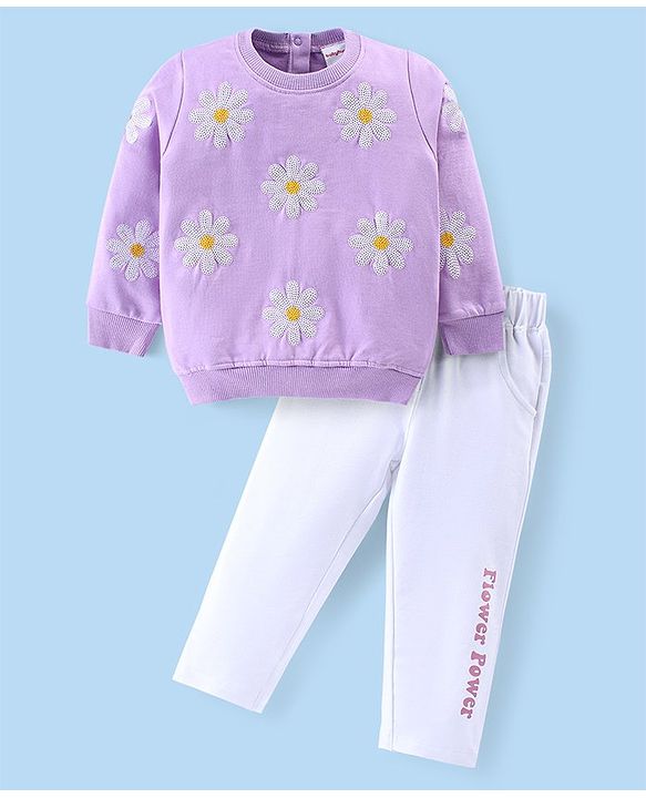 Babyhug Cotton Knit Full Sleeves Floral Sequins Printed Top & Lounge Pants Set - Lavender & White