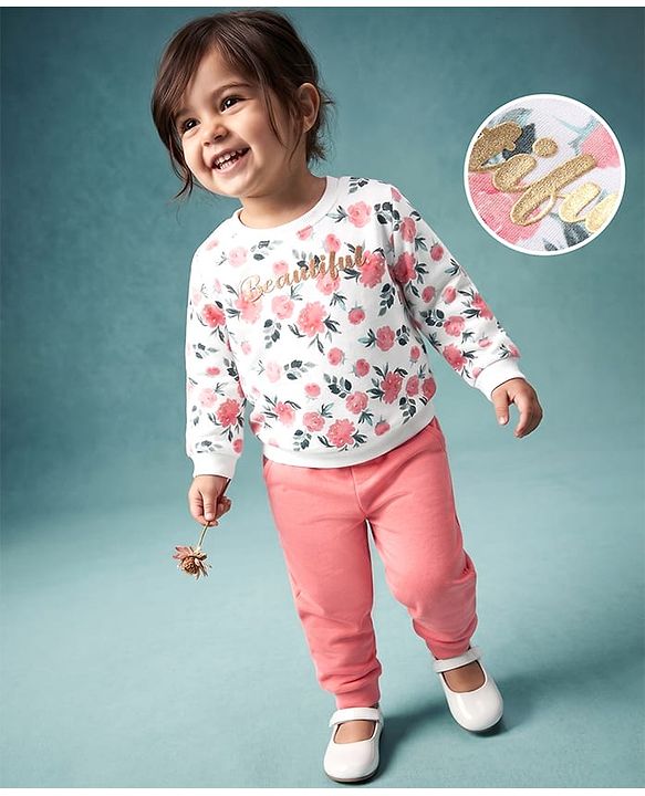 Babyhug Single Jersey Knit Full Sleeves Tee & Pant Set with Floral Print - White & Pink