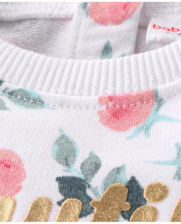 Babyhug Single Jersey Knit Full Sleeves Tee & Pant Set with Floral Print - White & Pink