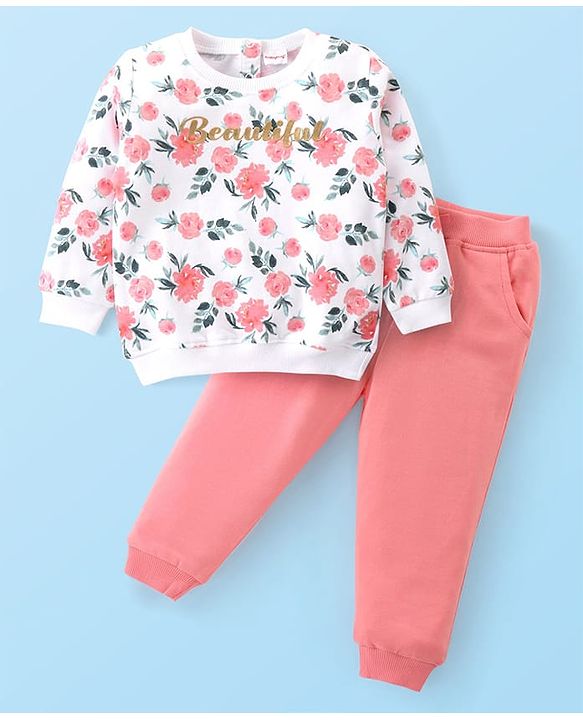 Babyhug Single Jersey Knit Full Sleeves Tee & Pant Set with Floral Print - White & Pink