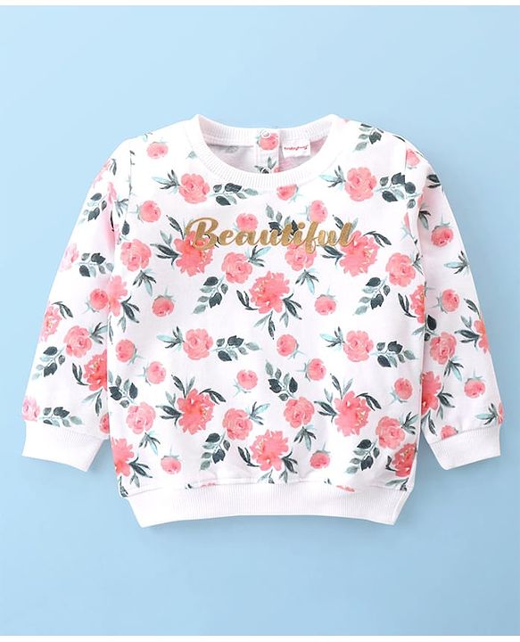 Babyhug Single Jersey Knit Full Sleeves Tee & Pant Set with Floral Print - White & Pink