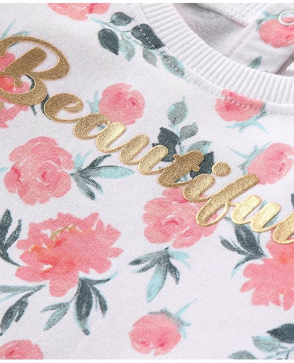 Babyhug Single Jersey Knit Full Sleeves Tee & Pant Set with Floral Print - White & Pink