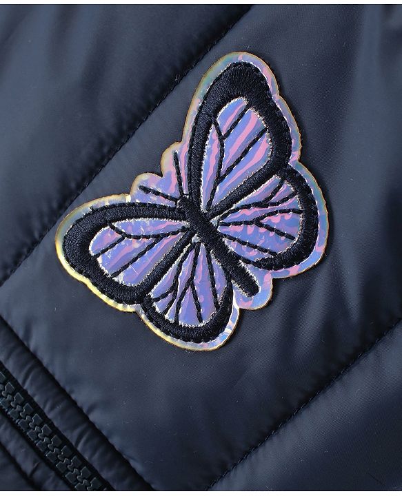 Pine Kids Woven Full Sleeves Padded Hooded Jacket With Butterfly Patch Applique - Navy Blue