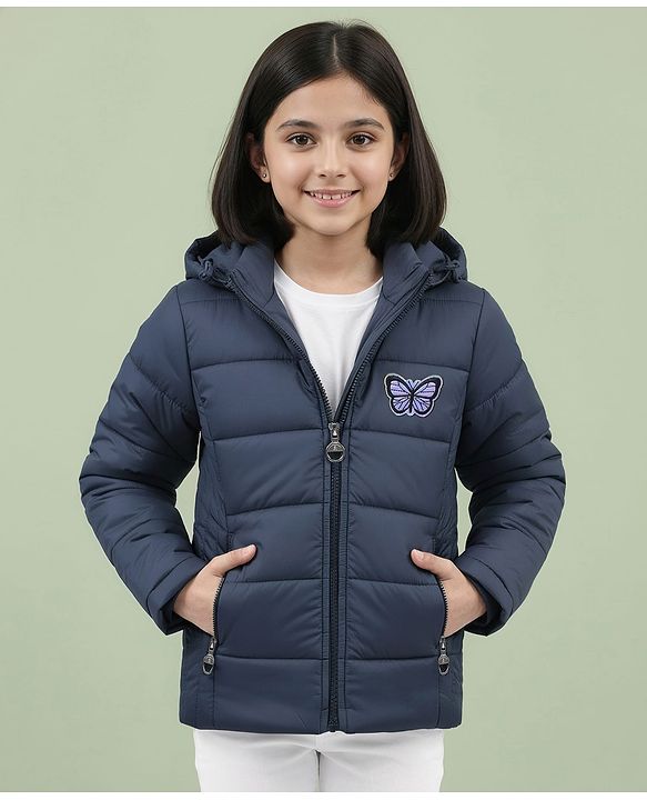 Pine Kids Woven Full Sleeves Padded Hooded Jacket With Butterfly Patch Applique - Navy Blue