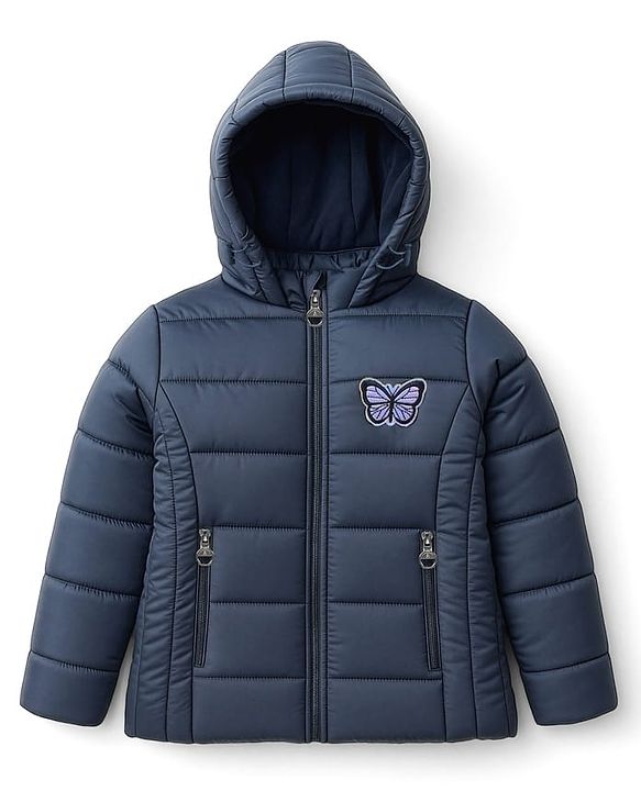Pine Kids Woven Full Sleeves Padded Hooded Jacket With Butterfly Patch Applique - Navy Blue