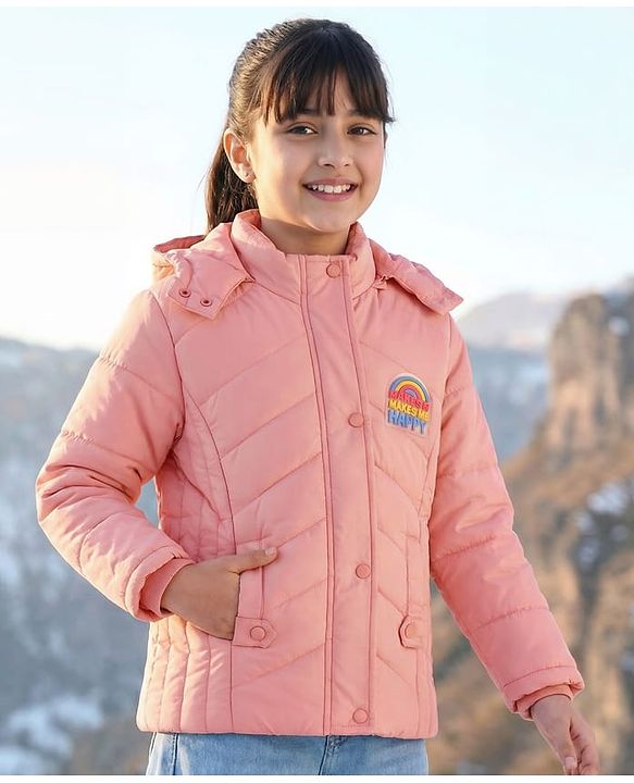 Pine Kids Woven Full Sleeves Front Open Padded Hooded Jacket with Rainbow Patch Detailing - Dusty Pink