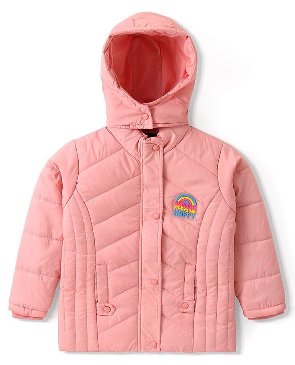Pine Kids Woven Full Sleeves Front Open Padded Hooded Jacket with Rainbow Patch Detailing - Dusty Pink