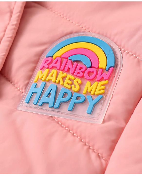 Pine Kids Woven Full Sleeves Front Open Padded Hooded Jacket with Rainbow Patch Detailing - Dusty Pink