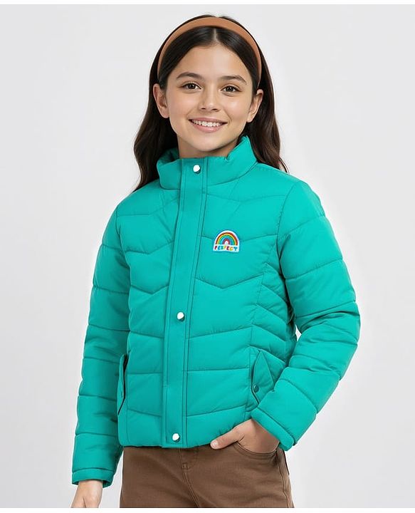 Pine Kids Woven Full Sleeves High Neck Front Open Padded Quilted Jacket With Rainbow Patch Detailing - Green
