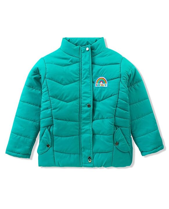 Pine Kids Woven Full Sleeves High Neck Front Open Padded Quilted Jacket With Rainbow Patch Detailing - Green