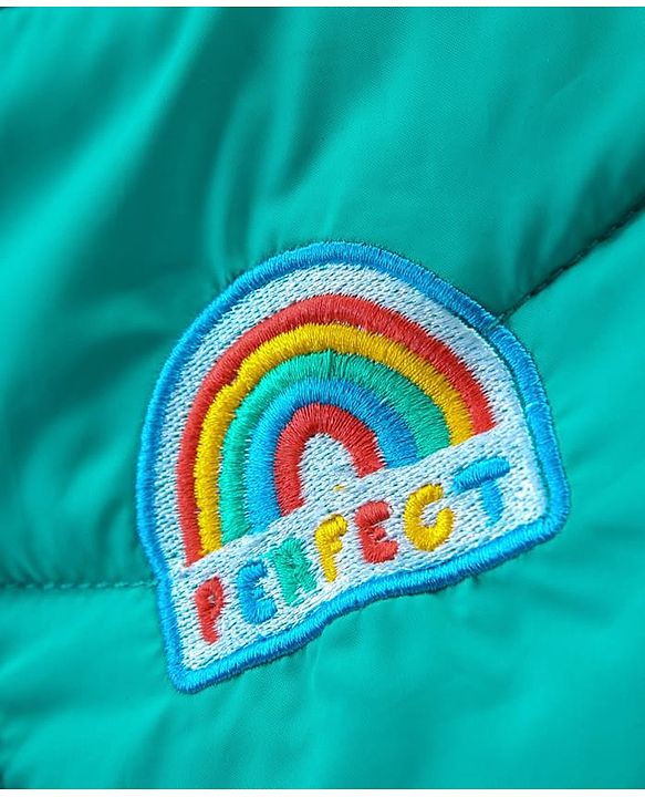 Pine Kids Woven Full Sleeves High Neck Front Open Padded Quilted Jacket With Rainbow Patch Detailing - Green