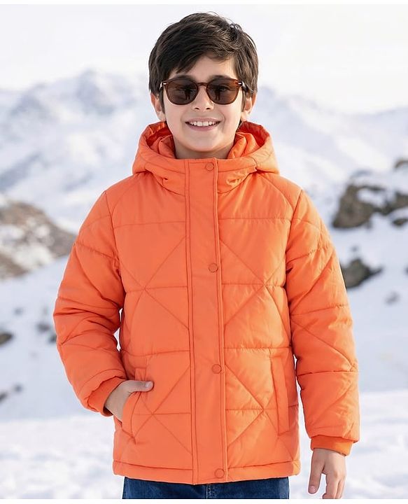 Pine Kids Woven Full Sleeves Front Open Padded Hooded Jacket with Solid Colour - Orange