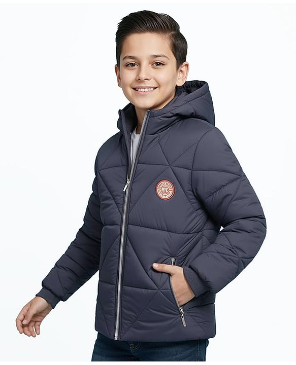 Pine Kids Woven Full Sleeves Front Open Padded Hooded Jacket with Solid Colour & Patch Detailing - Dark Grey