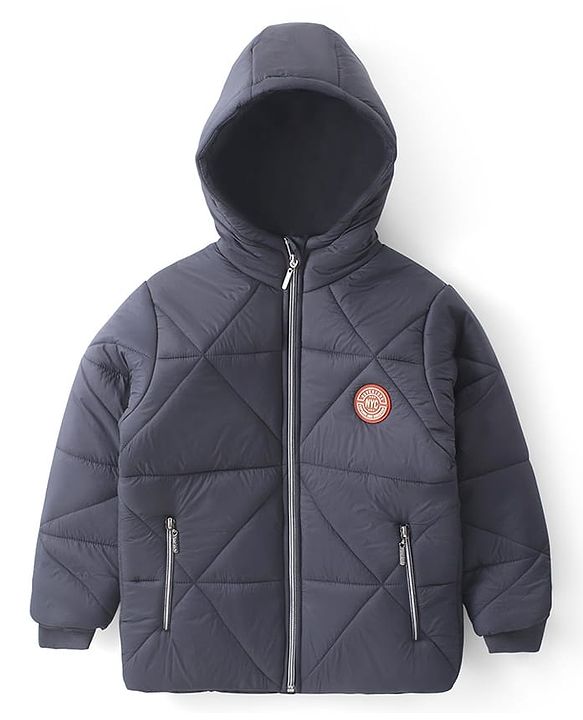 Pine Kids Woven Full Sleeves Front Open Padded Hooded Jacket with Solid Colour & Patch Detailing - Dark Grey