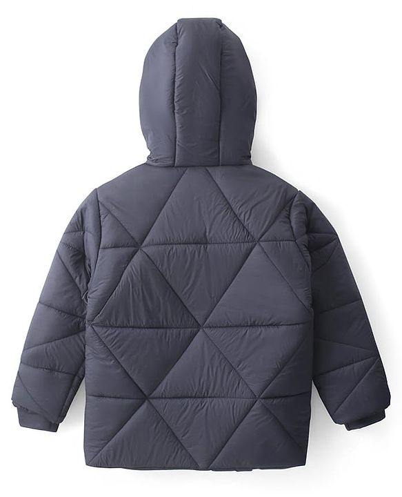 Pine Kids Woven Full Sleeves Front Open Padded Hooded Jacket with Solid Colour & Patch Detailing - Dark Grey
