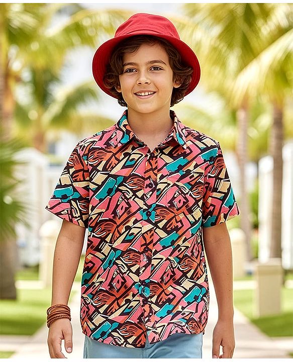 Pine Kids Viscose Woven Half Sleeves Abstract Printed Shirt - Multicolor