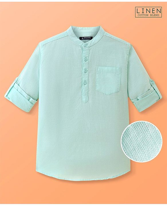 Pine Kids Linen Woven Mandarin Collar Full Sleeves Solid Shirt - Mint
