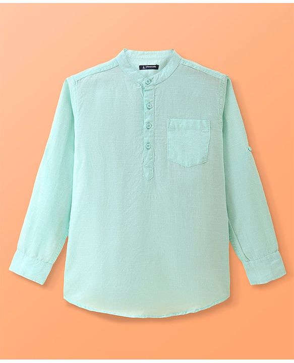Pine Kids Linen Woven Mandarin Collar Full Sleeves Solid Shirt - Mint