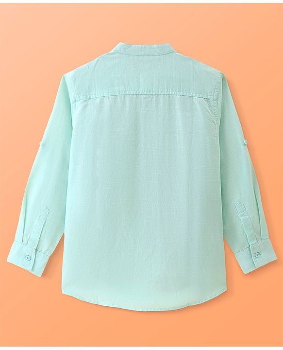 Pine Kids Linen Woven Mandarin Collar Full Sleeves Solid Shirt - Mint