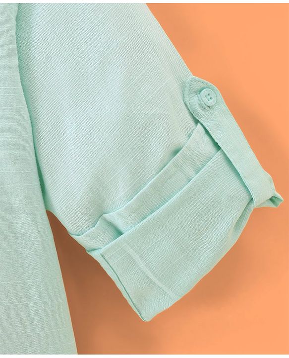 Pine Kids Linen Woven Mandarin Collar Full Sleeves Solid Shirt - Mint