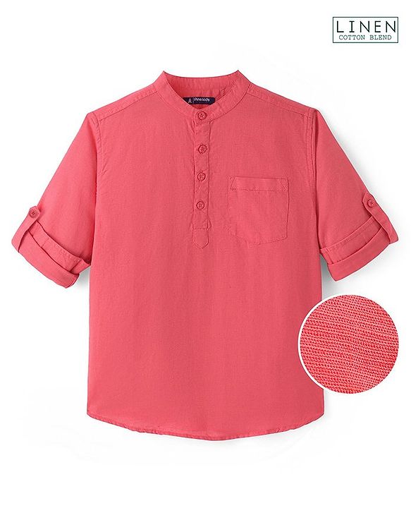 Pine Kids Linen Woven Full Sleeves Solid Shirt - Coral
