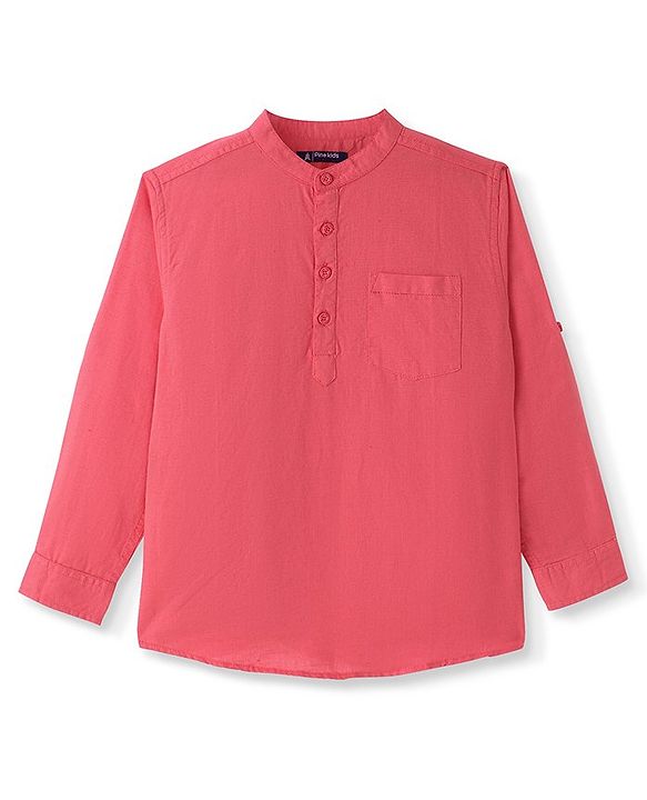 Pine Kids Linen Woven Full Sleeves Solid Shirt - Coral