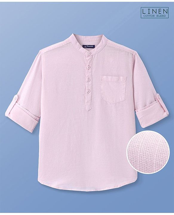 Pine Kids Linen Woven Full Sleeves Mandarin Collar Solid Shirt - Light Pink