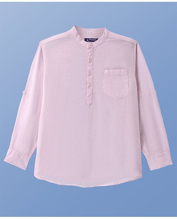 Pine Kids Linen Woven Full Sleeves Mandarin Collar Solid Shirt - Light Pink